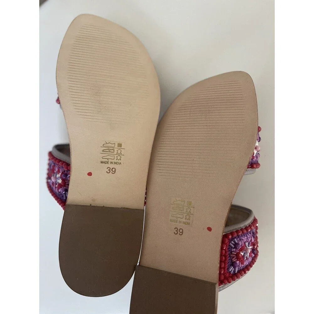 Anthropologie Coral Blue Purple Red Granny Square Flats Embroidery Bead Sandal 9